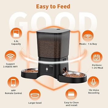 HoneyGuaridan Automatic Cat Feeder with 5G/2.4G WiFi, 3.5L Programmable Automatic Feeder 2 Cats, APP Control Cat Food Dispenser, 10s Accompanying Recording, Dual Power Supply, Four Anti-Slip Feet