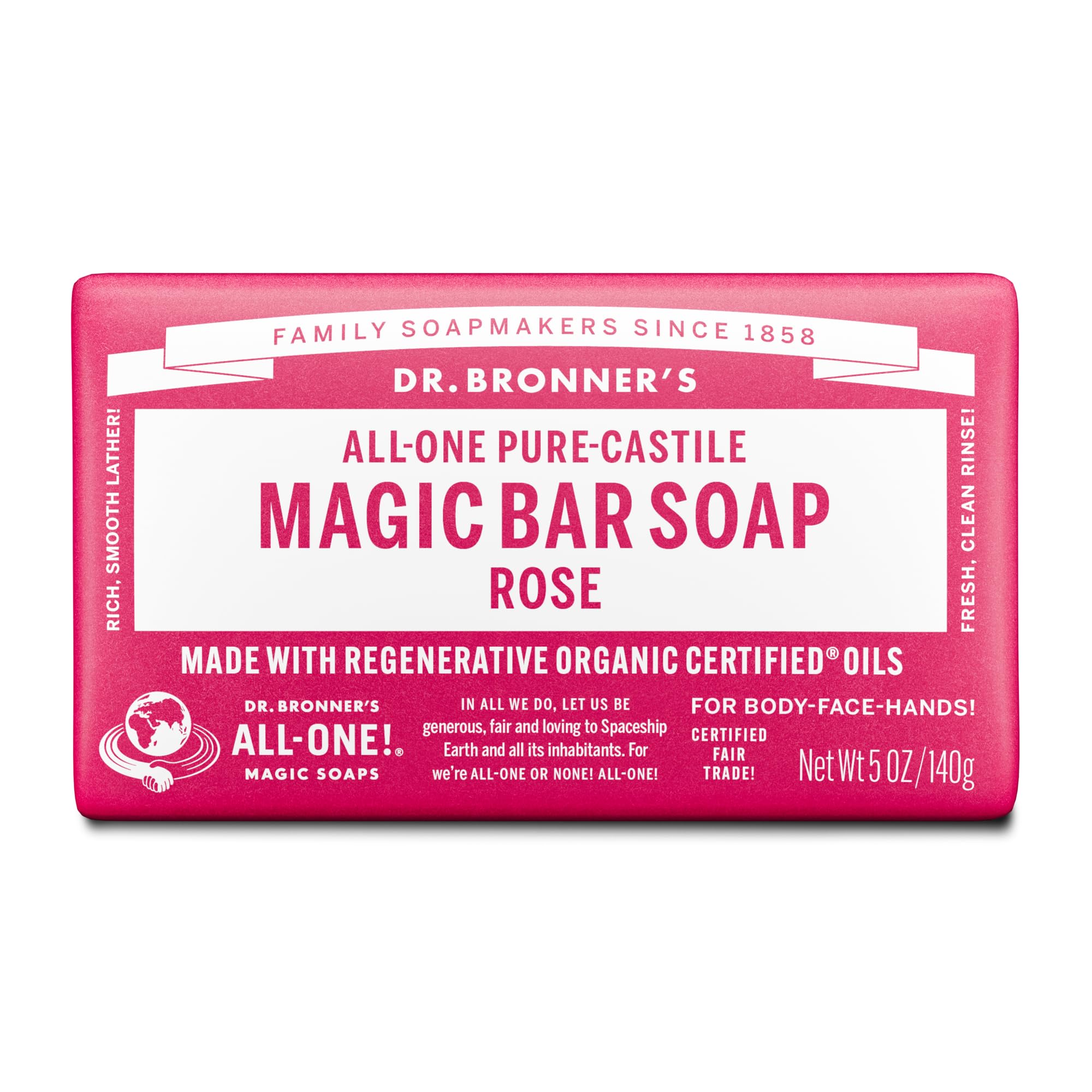 Dr. Bronner's Pure-Castile Bar Soap Made with Organic Oils for Face, Body and Hair, Gentle and Moisturizing, Biodegradable, Vegan, Cruelty-free, Non-GMO, Rose, 5 Oz
