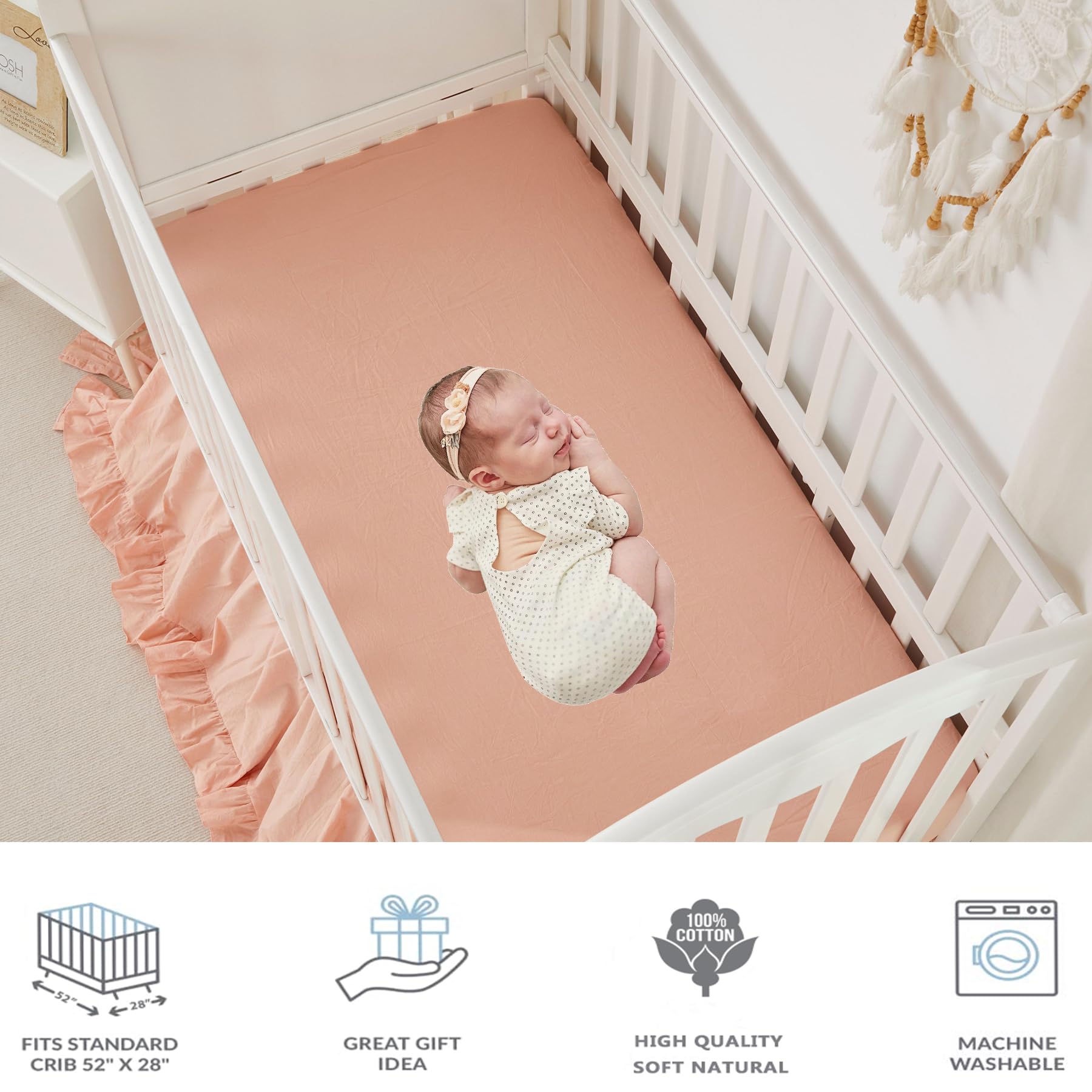 Brandream Juego de ropa de cama para cuna de bebé para niñas y niños, género neutro, bohemio, granja, elegante, con volantes, juego de ropa de cama de 6 piezas, 100% algodón lavado, rosa rubor