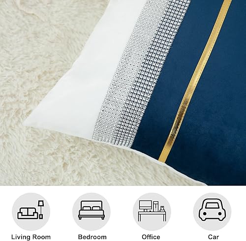 Miniatura 5 de VOGOL Funda de cojín de retazos verde oscuro con cuero a rayas doradas, funda de almohada decorativa para sofá, 18 x 18 pulgadas