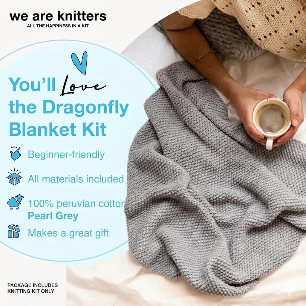 We Are Knitters Dragonfly Blanket Kit, Strickset für Anfänger mit 100% Pima Baumwolle, Komplettes DIY Strickset inkl. Nadeln & Anleitung, Baby Decke zum Selbst Stricken