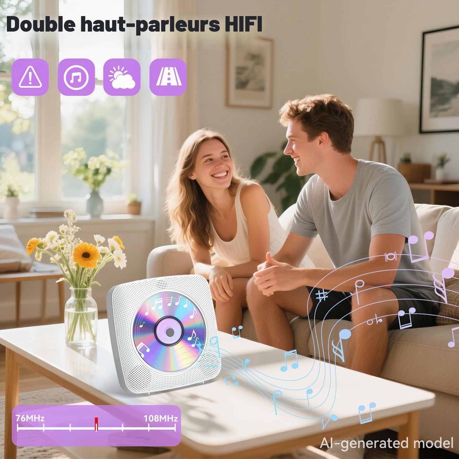 Gueray Lecteur CD Portable Bluetooth 1800mah Lecteur CD de Bureau pour la Maison Lecteurs CD avec Deux Haut - parleurs Télécommande Housse Anti-poussière Affichage Radio FM Minuterie USB Aux-Blanc