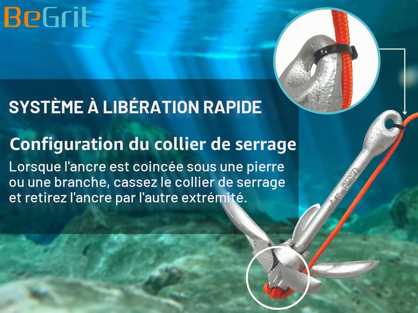 BeGrit Petite Ancre de Bateau kit Pliable Grappin Ancre en Acier Carbone pour canoë Jet Ski Sup & Paddle Board 1,5 Kilogram avec 10 m Ancre Corde de remorquage Sac de Transport