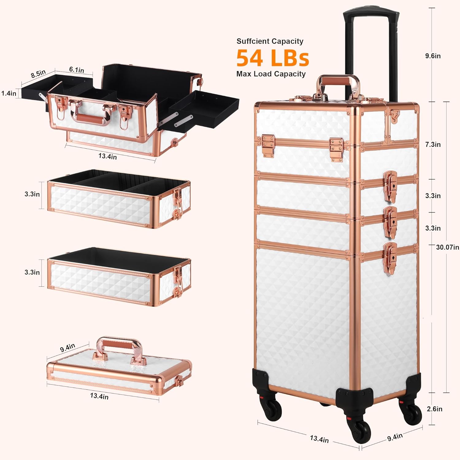 Rolling Makeup Case, Makeup Train Case with Lid, 5 in 1 Cosmetology Case on Wheels, Christmas Gift, Large Makeup Organizers, Profesional Cosmetic Case for Salon Barber, White Gold - Image 5