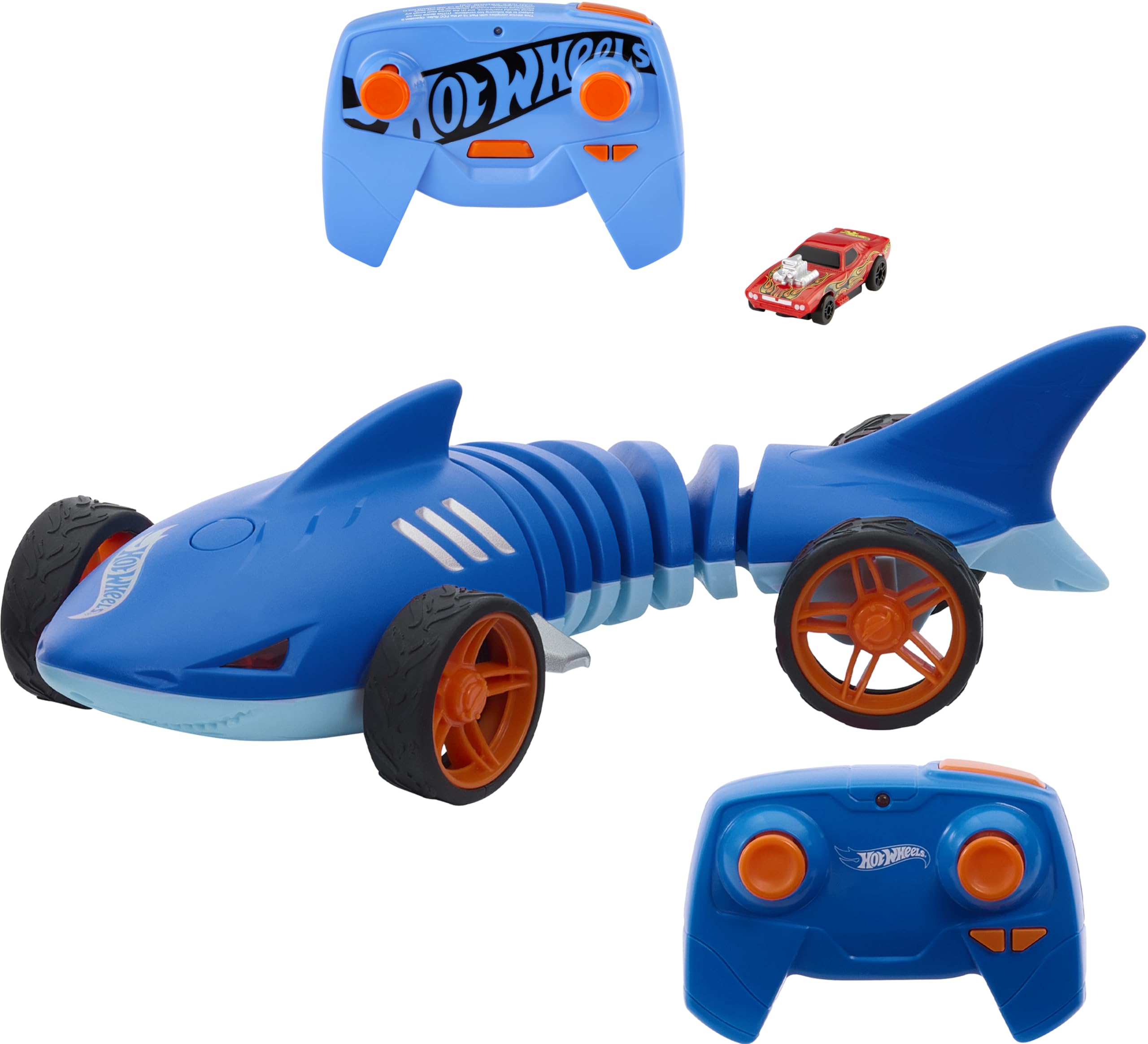 Bundle of Hot Wheels RC 1:64 Scale Rodger Dodger Remote-Control Car, Track Adapter, On & Off Track + RC 1:15 Scale Shark Speeder, Remote-Control Vehicle That Bends, Turns & Slides, Lights & Sounds
