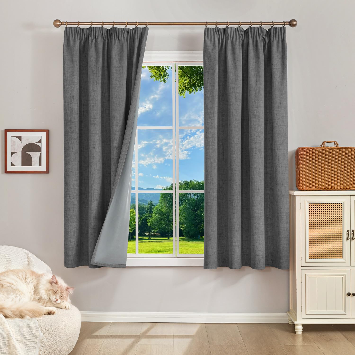 Runyéla 100% Blackout Curtains Pencil Pleat Linen Curtain for Bedroom Living Room Thermal Insulated 46 x 54 Inch Drop 2 Panels Gray