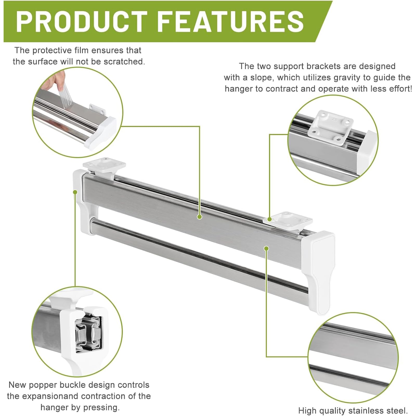 Barra Appendiabiti Estraibile, Pendiabiti Estraibile Per Armadio, 30-80 Cm Grucce Pantaloni, Appendiabiti Con Ammortizzatore Silenzioso Integrato, Organizzatore Di Spazio Domestico,350mm