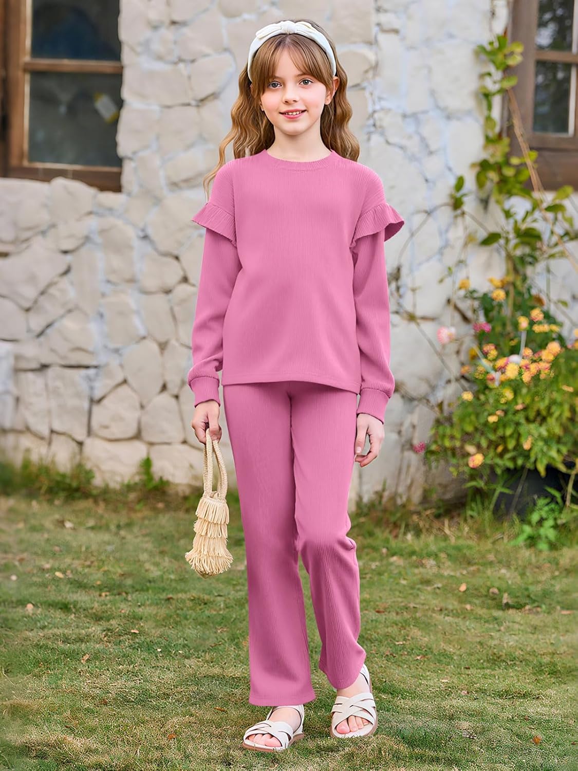 Yousify Girls 2 Piece Outfits Kids Casual Ribbed Knit Long Sleeve Shirts and Flare Pants Clothing Sets 5-14 Years - Image 3