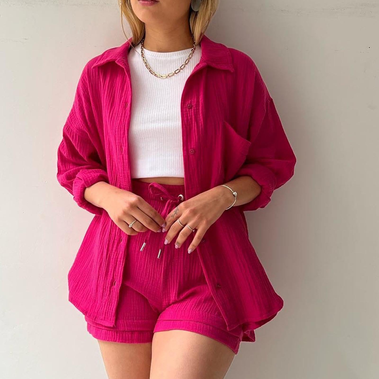 Completo estivo da donna in 2 pezzi, set da donna in mussola, camicia top con bottoni + pantaloncini, abbigliamento estetico, abbigliamento da casa, abbigliamento streetwear, abbigliamento da