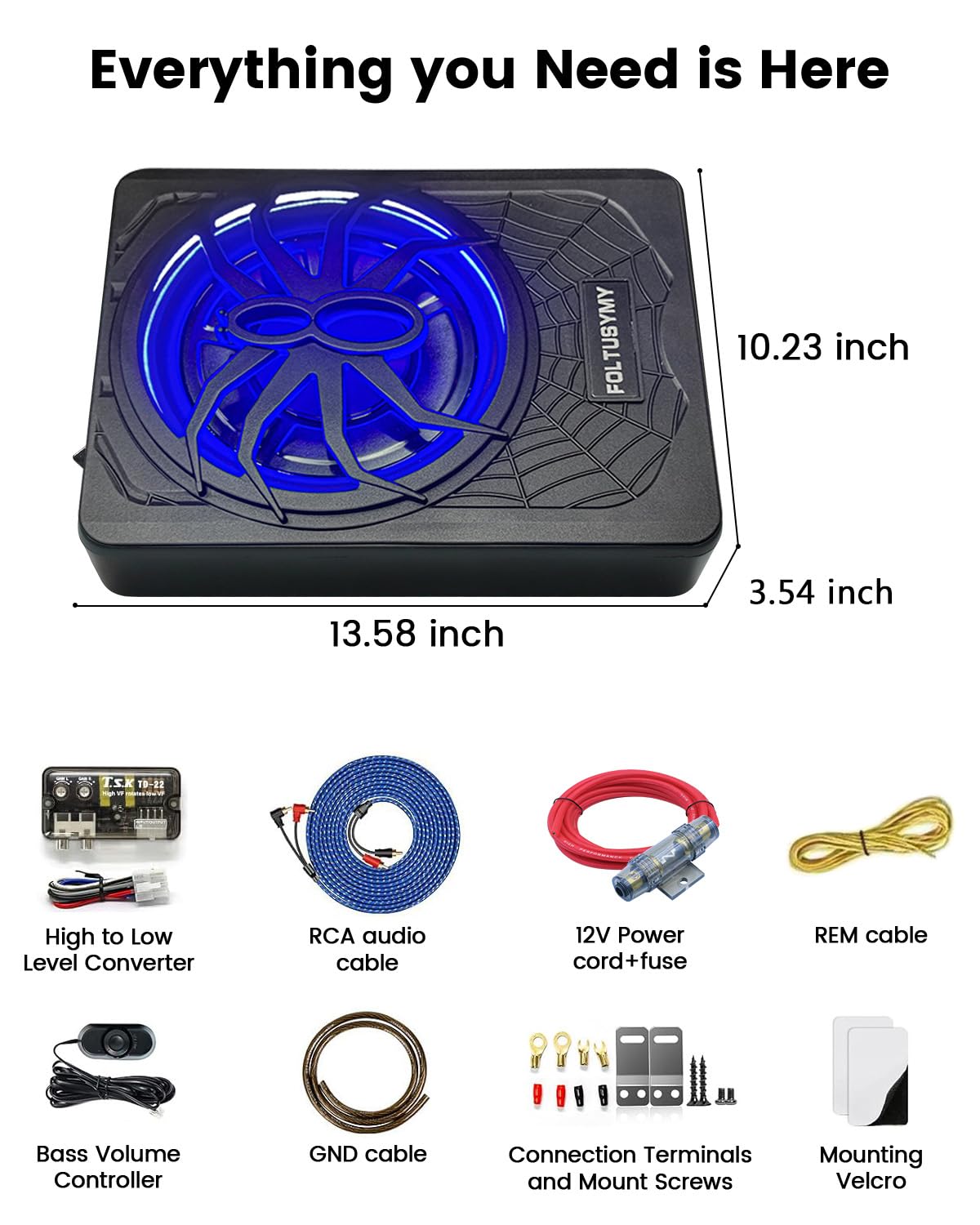 1200W 10" Slim Under Seat Powered Car Subwoofer, High/Low Level Input, Car/Truck Audio Sub Built-in Amplifier amp Combo Package, with Blue LED Light