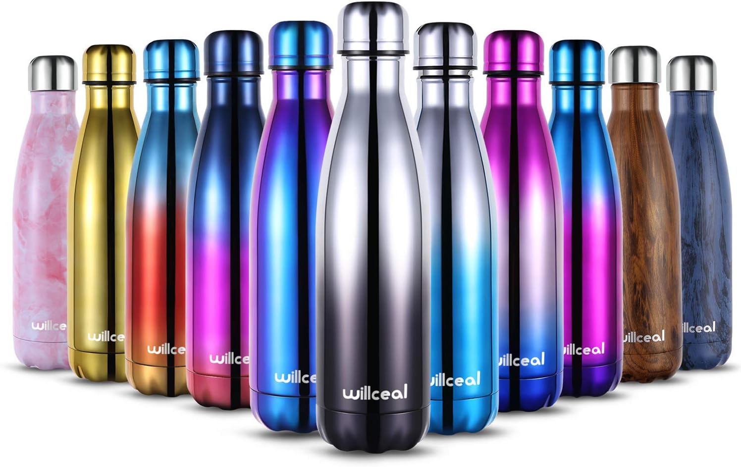 willceal Stainless Steel Double Wall Vacuum Insulated Water Bottles 500ml, Leak Proof Keep Cold and Hot Drinks Bottle for Outdoor Sports Camping (Black+Silver)