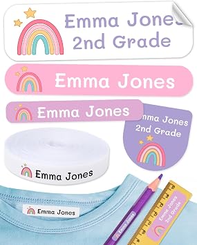 155 pcs Personalized Name Labels for Kids School. 100 Iron on Labels for Clothing and 55 Name tag Stickers. Labels to Mark Clothes and School Supplies. Color 15