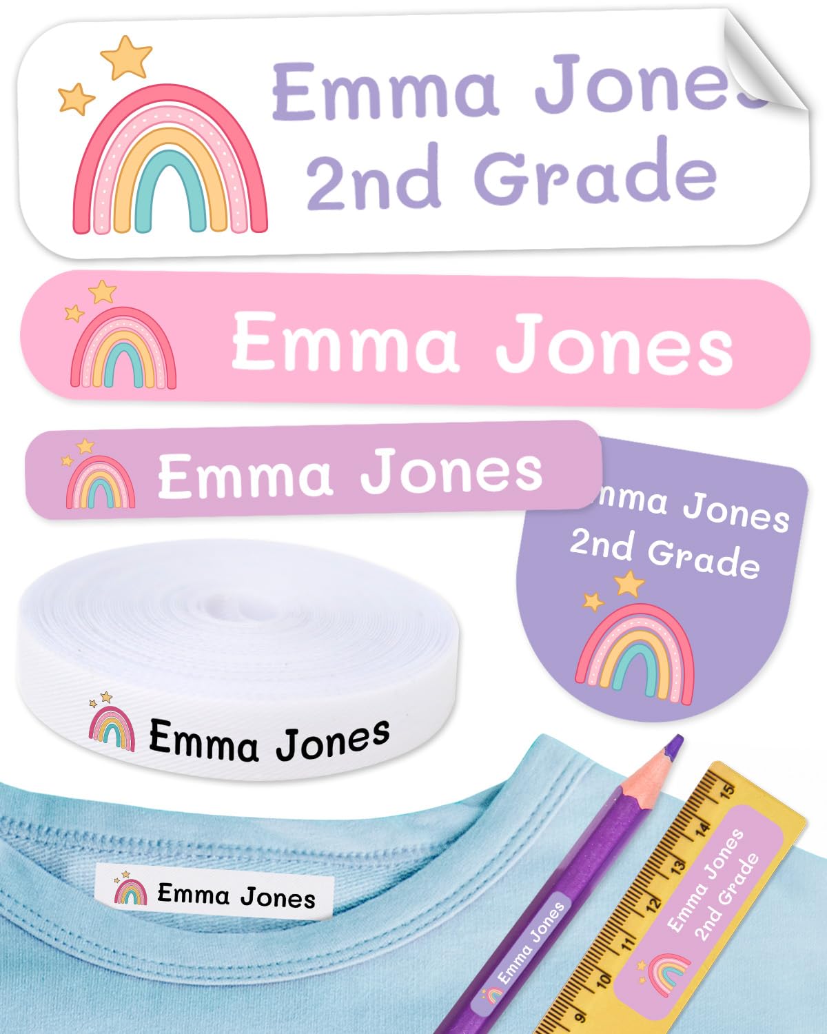 155 pegatinas personalizadas para marcar ropa y objetos. 100 Etiquetas de tela termoadhesiva para planchar en la ropa + 55 etiquetas adhesivas para objetos resistentes al agua. Nombre personalizado.