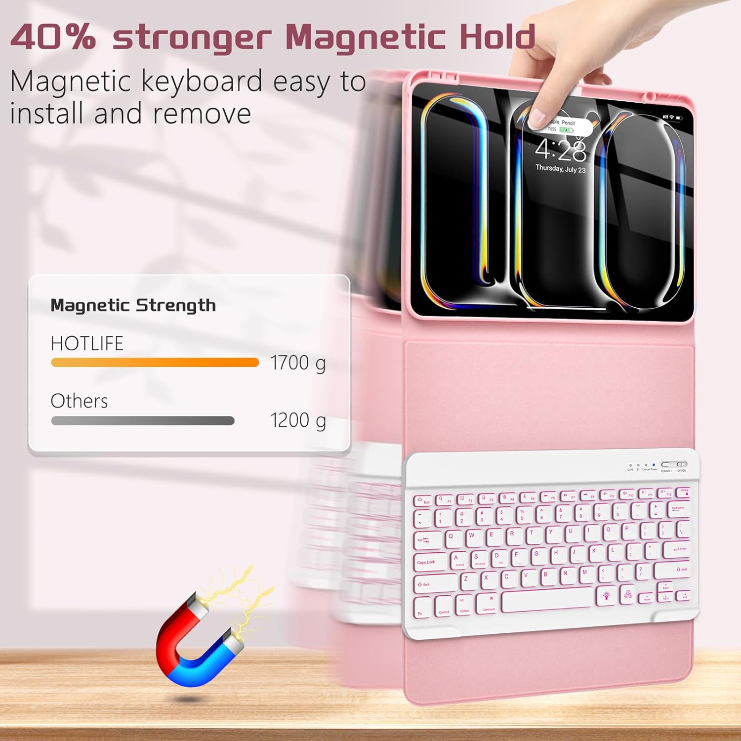 HOTLIFE for iPad Pro 13 Inch (M4) 2024 Case with Keyboard, Magnetic Detachable - 7 Color Backlit Keyboard Case for iPad Pro 13 (M4), Rechargeable Wireless Keyboard Case with Pencil Holder (Pink)