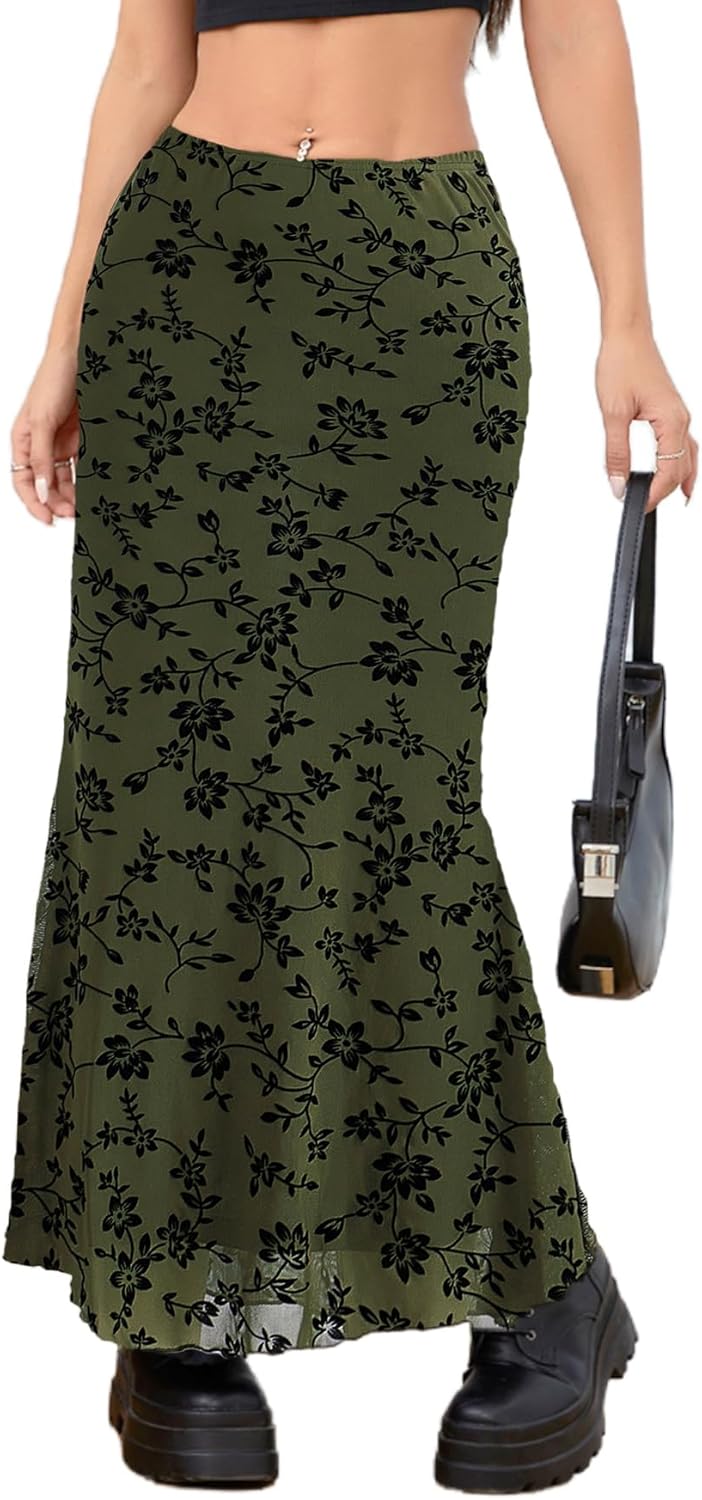 Milumia Women's Floral Print Mesh Long Skirt Low Waisted Y2k Flare Hem Fishtail Skirts