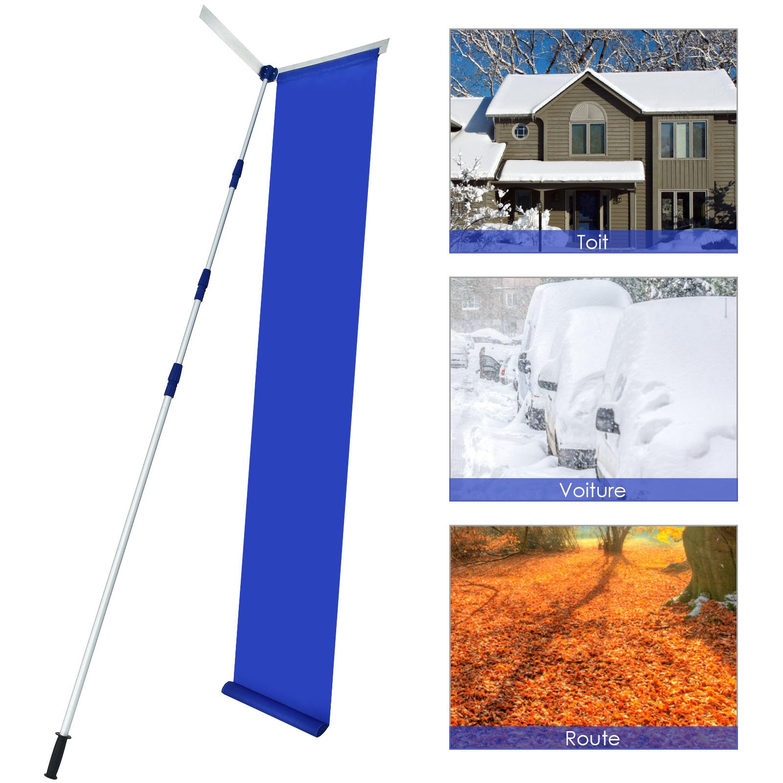 GYMAX Râteau à Neige pour Toit ou Voiture, Tige Télescopique 189 à 620 cm, Lame en Aluminium avec Toile Oxford, 2 Modes de Nettoyage, Poignée Antidérapante