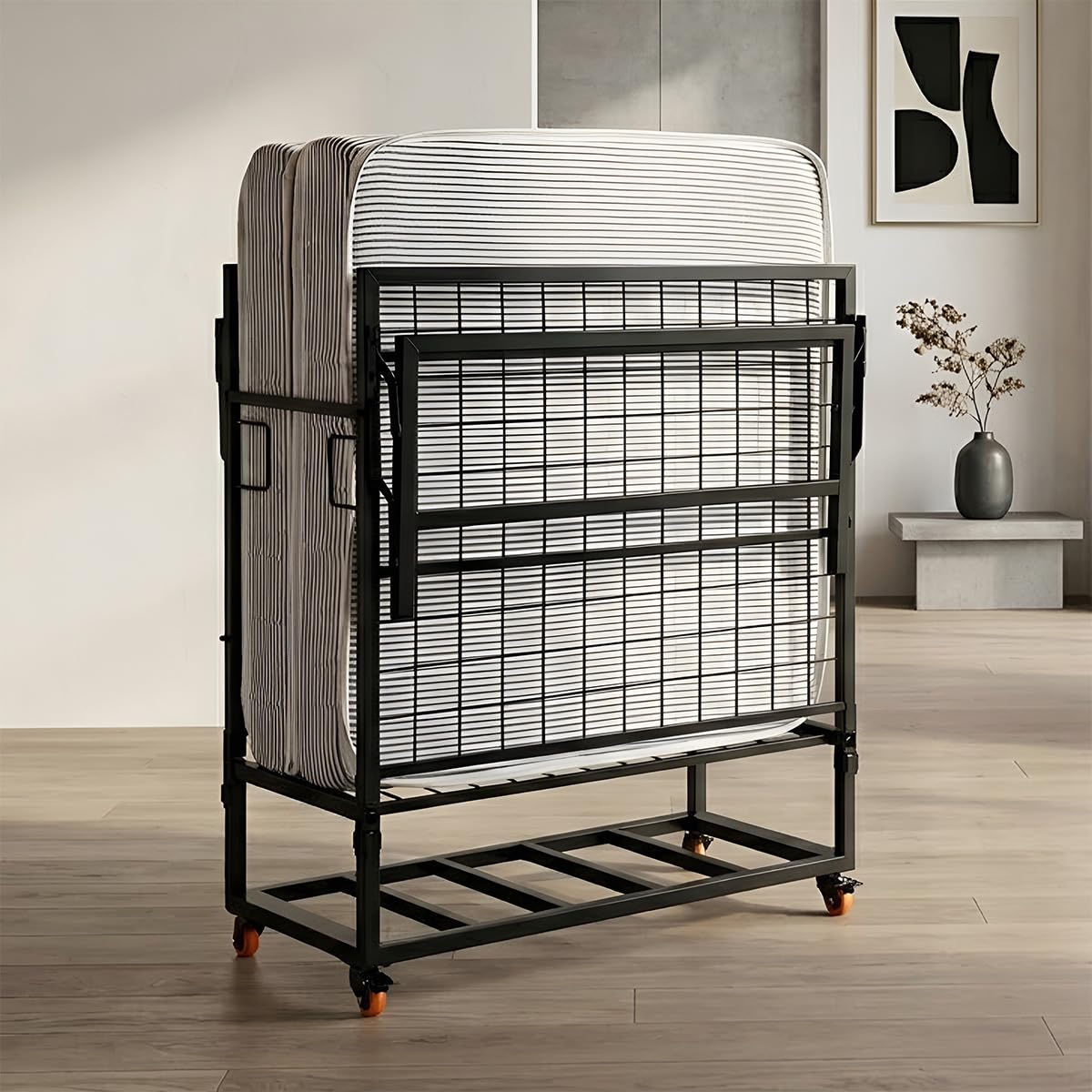 Nilkamal Zoe Metal Folding Bed with 6 Inch Single Size Mattress | Space Saving Portable Rollaway Bed with Wheels| Ideal for Homes, Guest Rooms, Hostels and Dorms | Black-picture-10