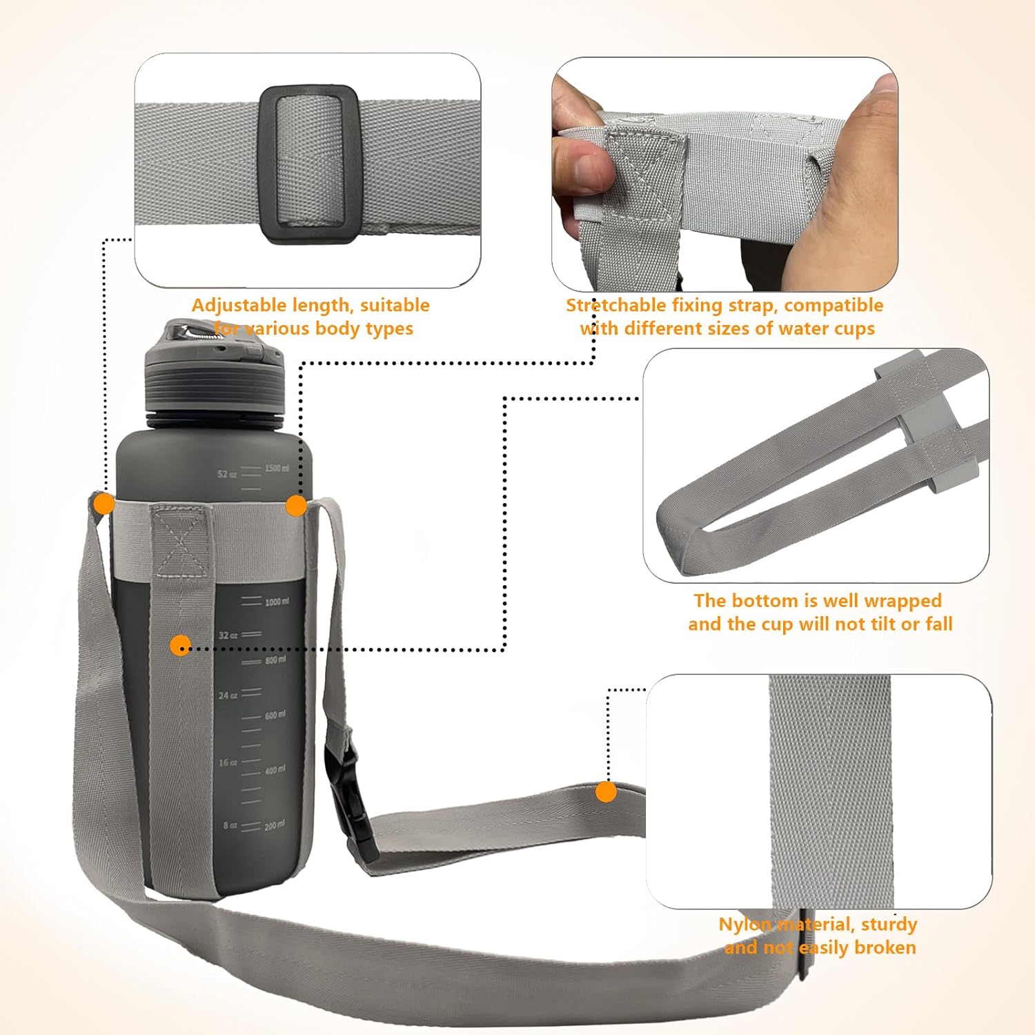 Gray Water Bottle Shoulder Strap, Suitable for 28-52oz Universal Water Bottle, Simple Adjustable Crossbody Strap For Outdoor Sports(Bottle Excluded) - Image 6
