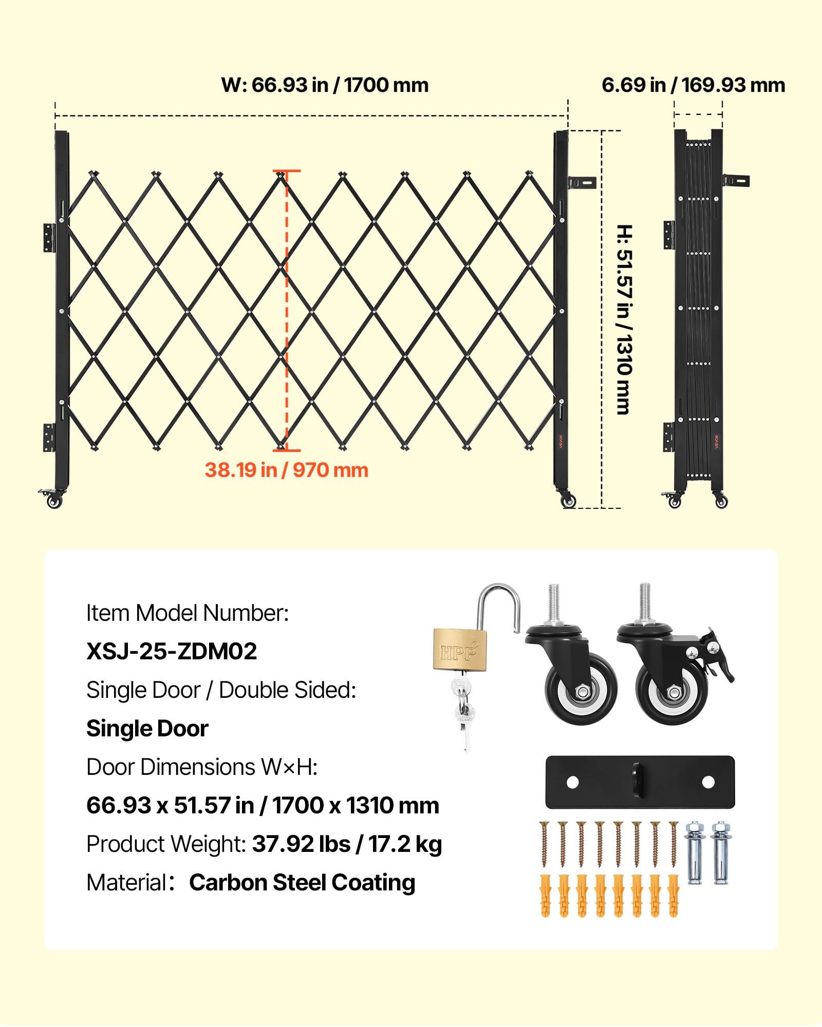 VEVOR Puerta de Seguridad Plegable Individual, Puerta Retráctil de Tijera de Acero 170 x 131 cm con Cerradura y Ruedas Giratorias de 360° para Seguridad de Entrada, Garaje, Almacén y Piscina