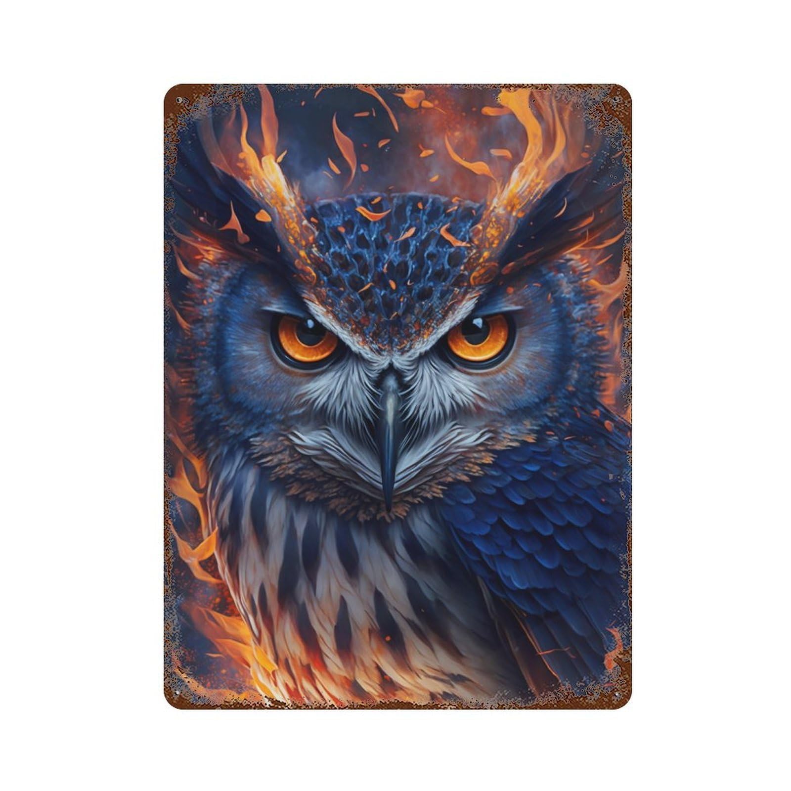 Garage Style Flaming Owl Art Print Distressed Metal Wall Sign 15.7"x11.8", Rustic Home Decor for Bar And Workshop