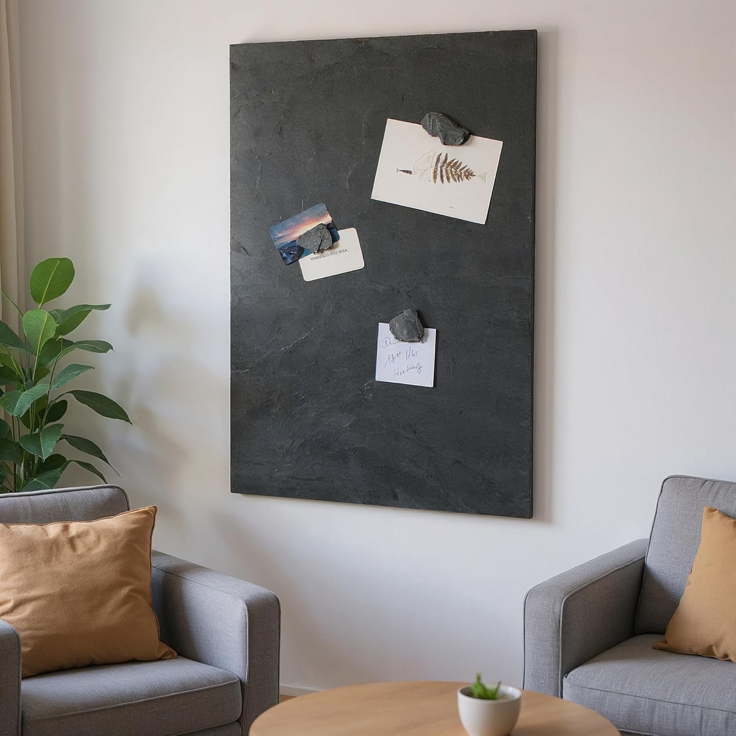 Magnettafel Schiefer 4 In 1 (Magnetwand+Kreidetafel+Pinnwand) Naturstein Magnetboard inkl 1 x Steinmagnet und 1x Kreidestück in verschiedenen Steinarten und Größen (Grey Impact, 80cm x 61cm)