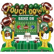 Football Party Decorations Kit - with Green Brown Gold small Balloon Arch & Football Goalpost TOUCH DOWN Banner Foil Balloons & GAME ON Backdrop for Sports Theme Birthday party Decorations