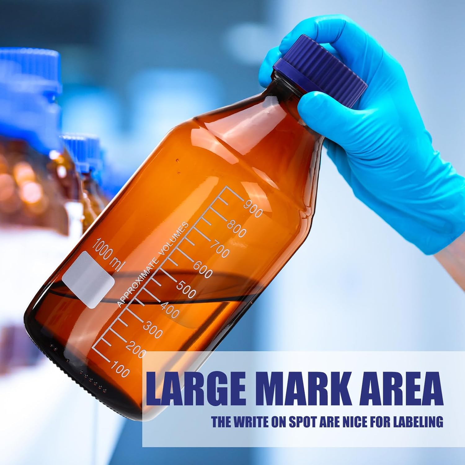 6 Pieces 1000 ml Reagent Media Bottles Amber Glass Graduated Round Lab Reagent Media Storage Bottle with Blue Screw Cap