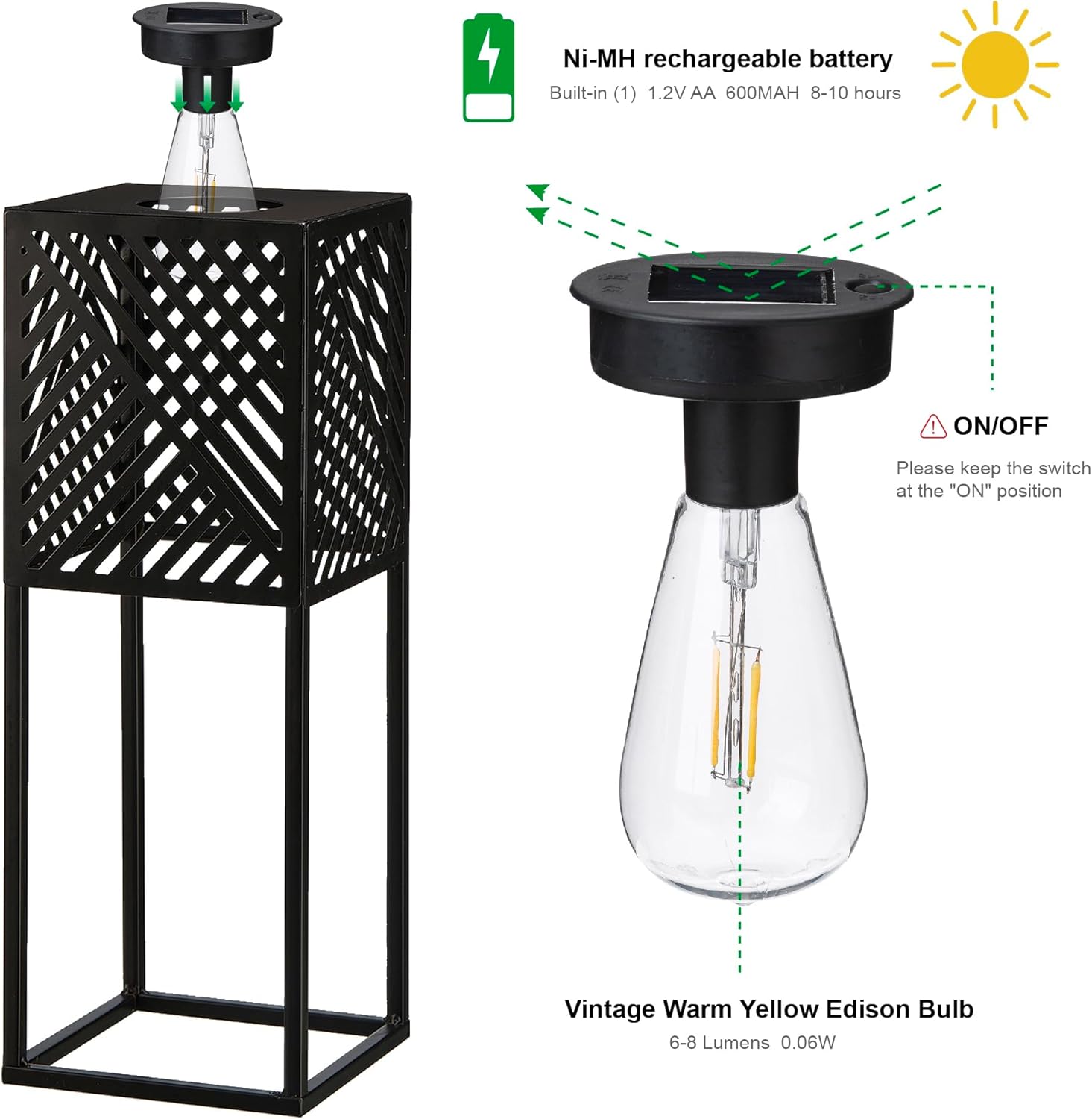 Size Medium and Large Color Black Glitzhome Outdoor Solar Floor Lamps 2pcs Black Metal Stripes Geometric Solar Lights with Edison Bulbs for Garden Patio Yard Outdoor Decors