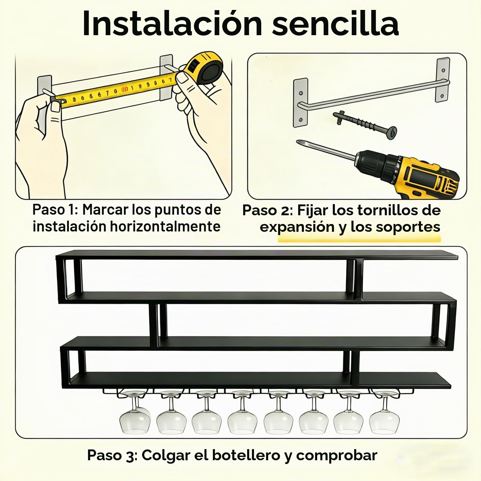 Botellero de Pared para Vino con Luz LED Cálida - Botellero Industrial de Pared Vertical de 4 Niveles, Estantería Flotante con Soporte para Copas Colgante para Bar, Cocina y Comedor(100cm)