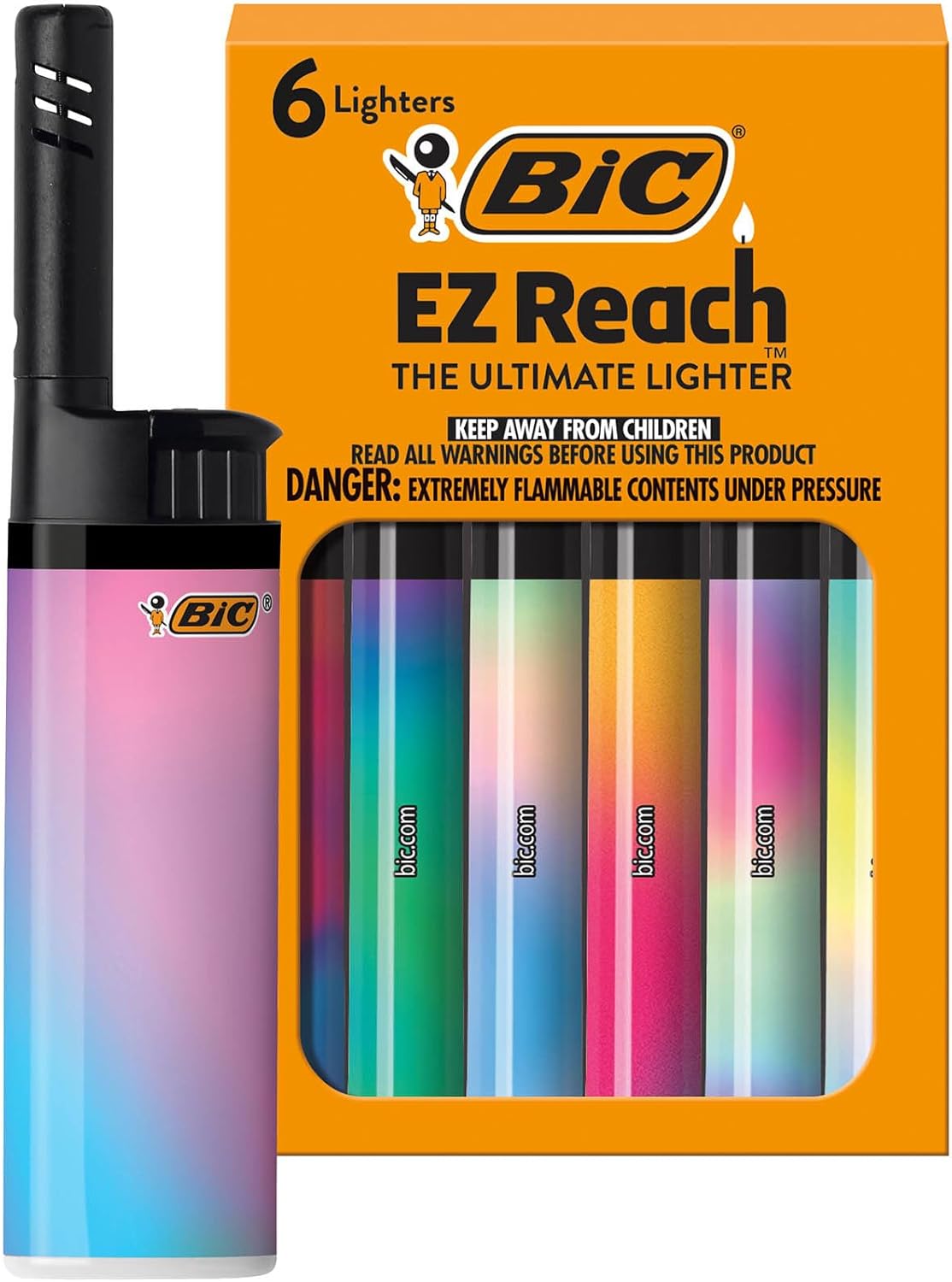 BIC EZ Reach Lighters, Long Candle Lighter with Extended Wand, Gradient Designs, 6-Pack