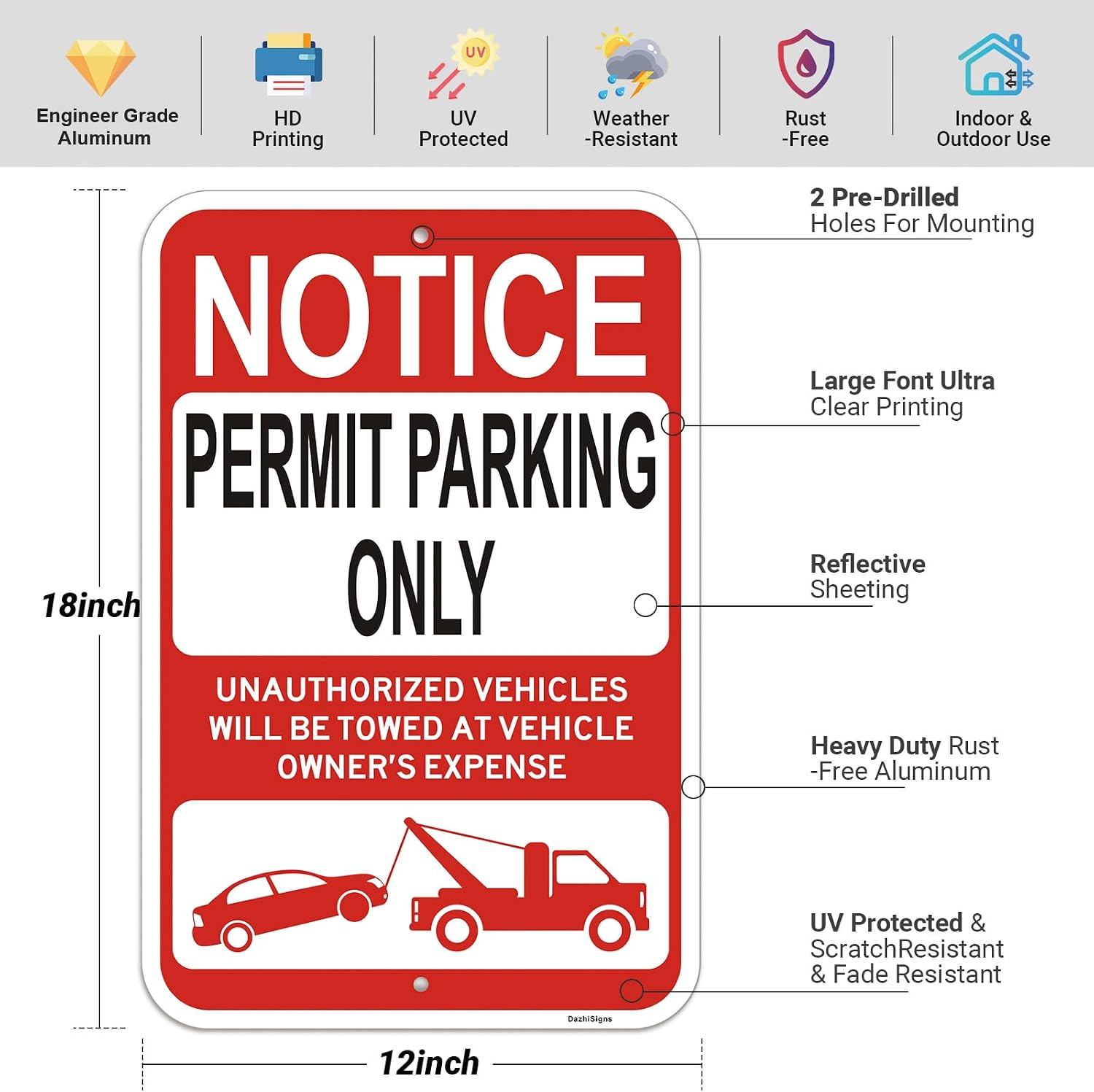 4 Pack Large Permit Parking Only Sign, 18"x12" Permit Parking Sign, Engineer Grade Rust Free Reflective Aluminum Parking Only Signs, Fade & Weather Resistant, UV Protected, Easy to Mount