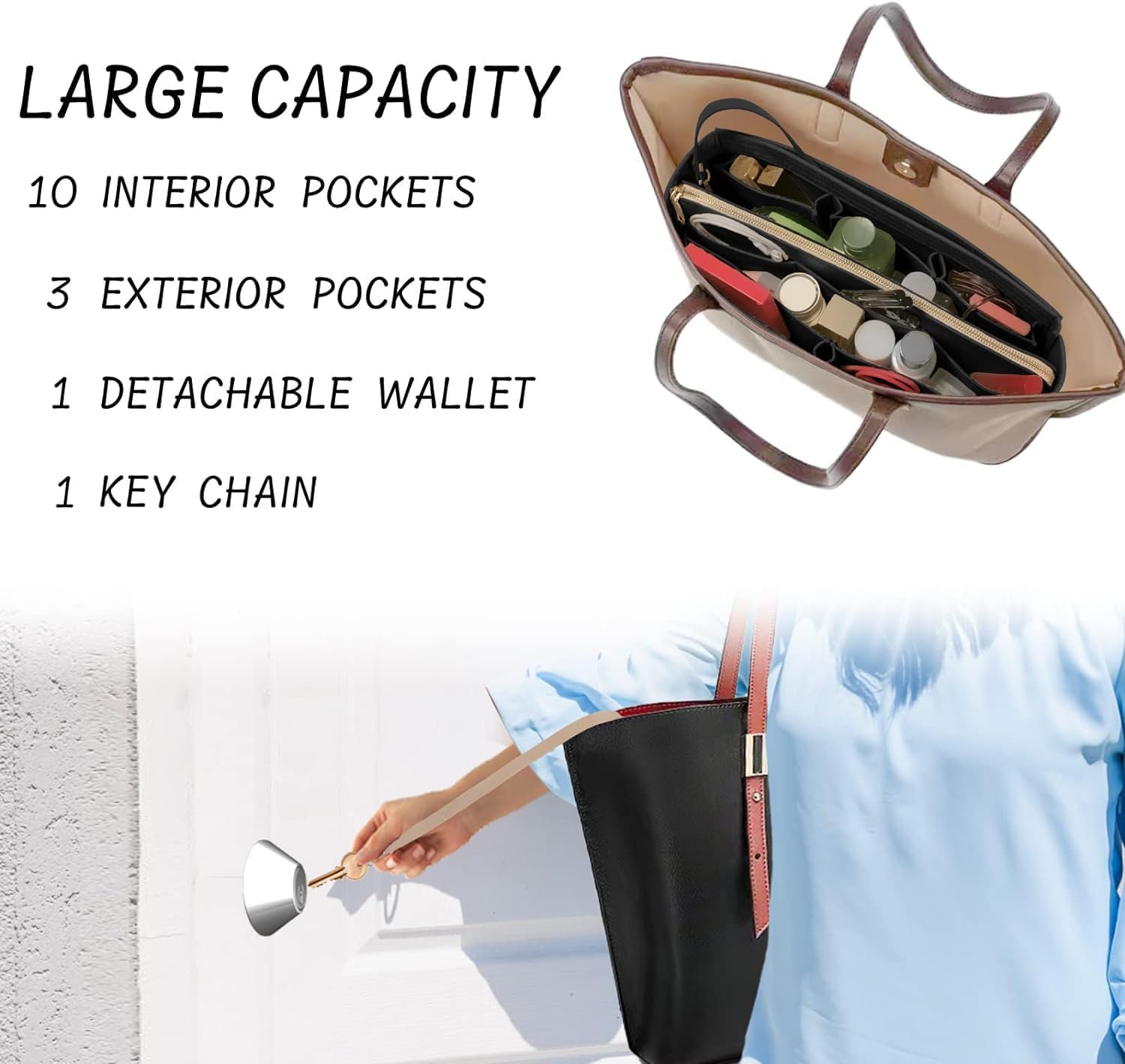 Purse Organizer Insert with Zipper Felt Bag Organizer Handbag Organizer Insert Bag in Bag Organizer with Key Chain for Tote Purse Bag Black Slender-Medium