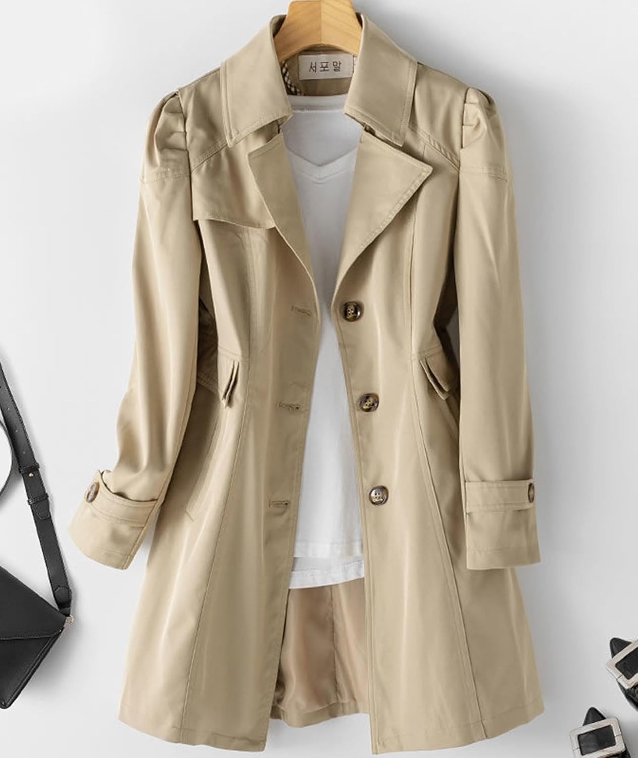 SOMTHRON Women's Single Breasted Mid-Length Trench Coat Puff Sleeve Lapel Overcoat Windproof Classic Outerwear - Image 3