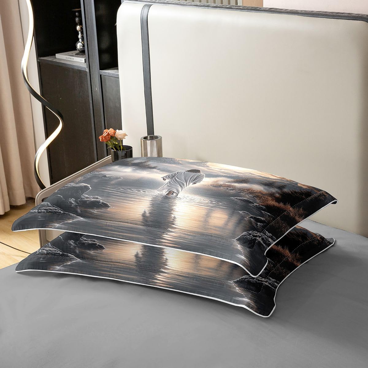 Manfei God Walking on Water Duvet Cover Set Full Size 100% Cotton,Western Faith Bible Verse Kids Bedding Set,Spiritual Modern Artwork Room Decor,Dark Gray Quilt Cover,2 Pillowcases(No Filler)