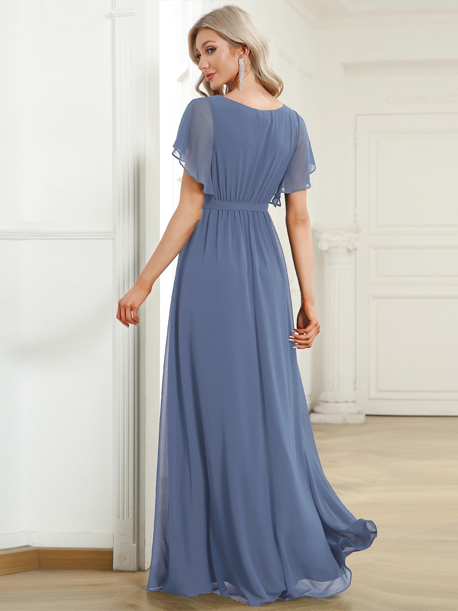 Ever-Pretty Maxi Scollo a V Increspato Busto Chiffon Abito da Sera Formale con Maniche 0164A
