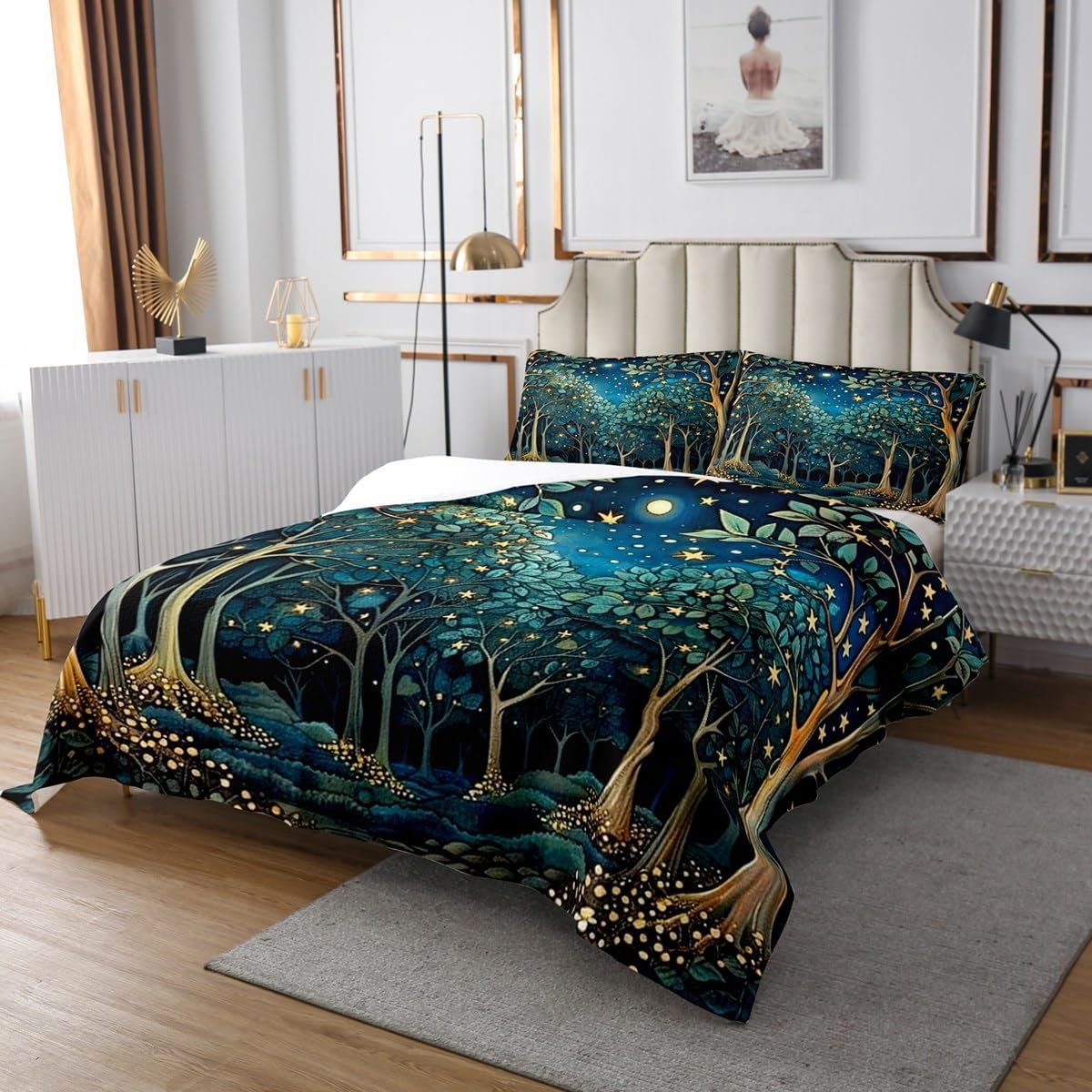 Erosebridal Fantasy Stars Coverlet Set Queen Bohemian Night Bedspread for Women Girls Botanical Woodland Tree Retro Art Dreamy Quilted Coverlet Abstract Mysterious Aesthetic Quilted
