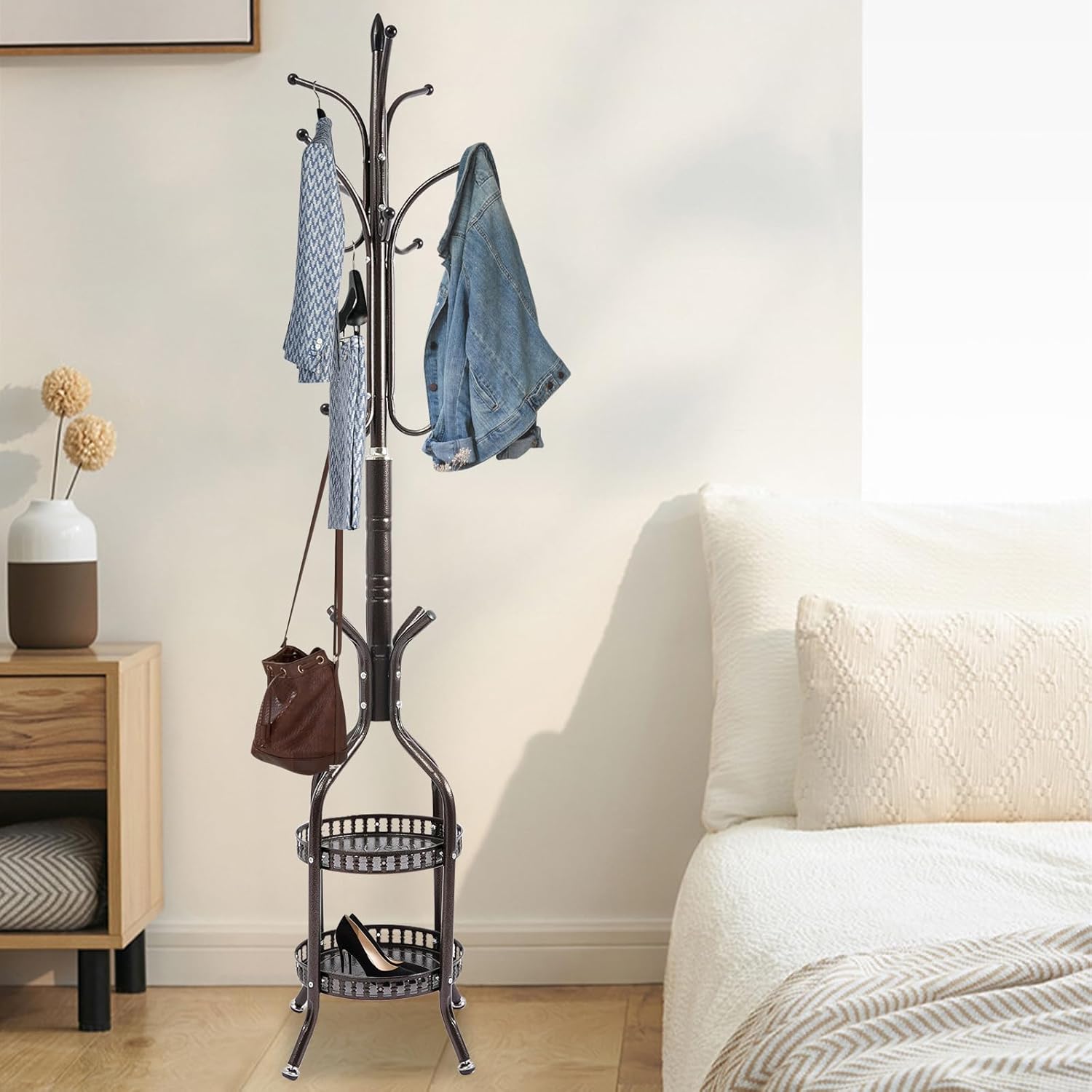 Metal Coat Rack Stand Freestanding Hat Hall Tree Clothes Rack Holder Modern Clothing Garment Hanger Stand with Double Layer Storage Basket and Hooks for Hanging Scarf Bag for Entryway Bedroom (Bronze)