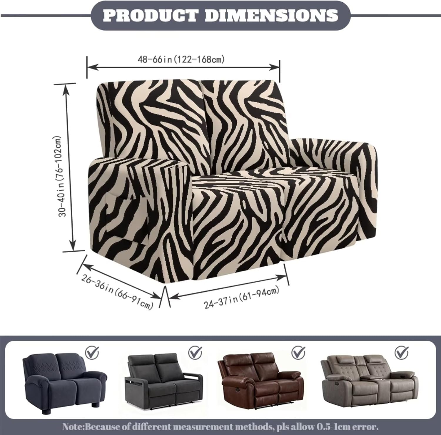 6 Pieces Reclining Loveseat Slipcover Anti-Slip Recliner Sofa Covers for 2 Cushion Couch, Machine Washable Recliner Loveseat Couch Slipcover for Pet Kids Dog, Zebra Print