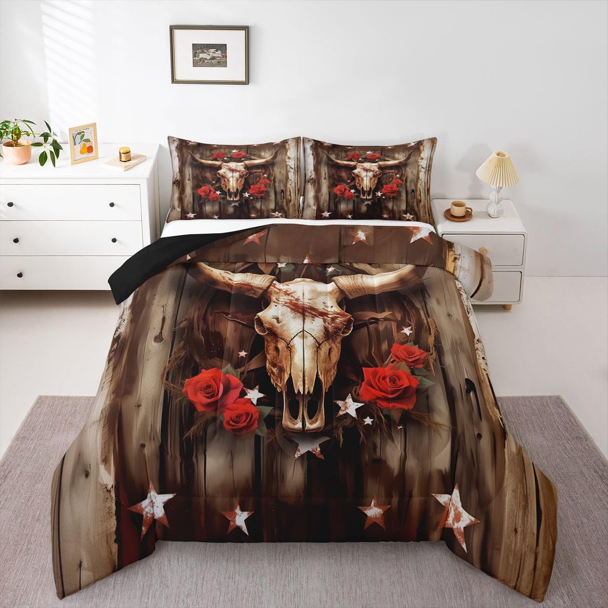jejeloiu Cow Skull Comforter Set Twin Size Western Bedding Set for Kids Boys Girls Wild West Rose Duvet Quilt Bedroom Decor Microfiber 2 Pcs with 1 Pillow Cases