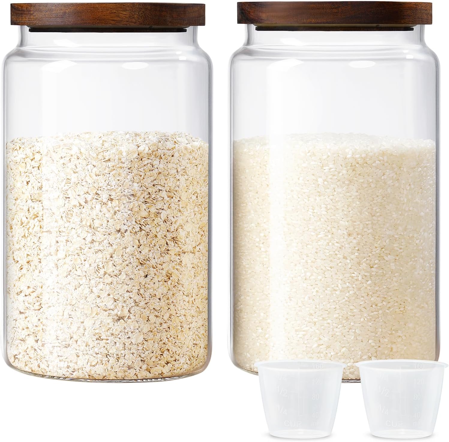 Glass Canisters Sets For The Kitchen, 1 Gallon Large 5lbs Flour Sugar Storage Containers with Acacia Wood Airtight Lids, Wide Mouth Food Pantry Organization for Cereal, Pasta, Rice (2 Pack)