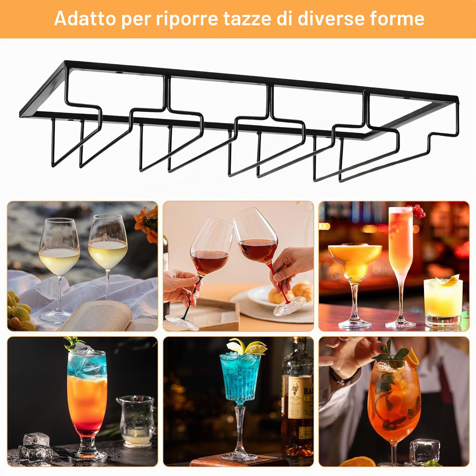 Dokeno 2 Pezzi Portabicchieri da Vino, Supporto per Calici da Vino Sotto Armadietto con Viti, 4 Slette Porta Bicchieri da Appendere per 8-12 Bicchieri per Famiglia, Ristorante, Hotel
