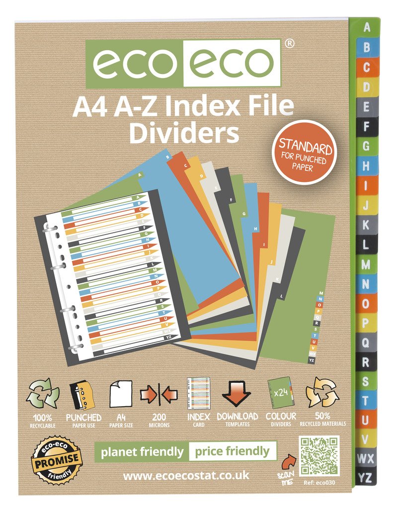 eco-eco 4 Sets x 24pk A4 50% Recycled A-Z Index File Folder Plastic Dividers