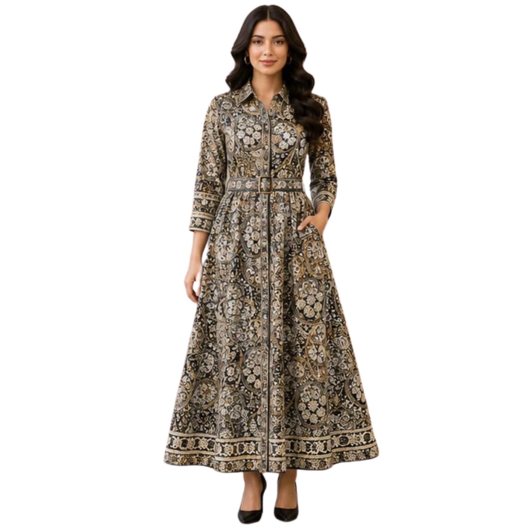 Women's Printed A-Line Maxi Dress with Belt | Shirt Collar 3/4 Sleeve Button Front Long Dress | Paisley Pattern Dress for Women-image-49
