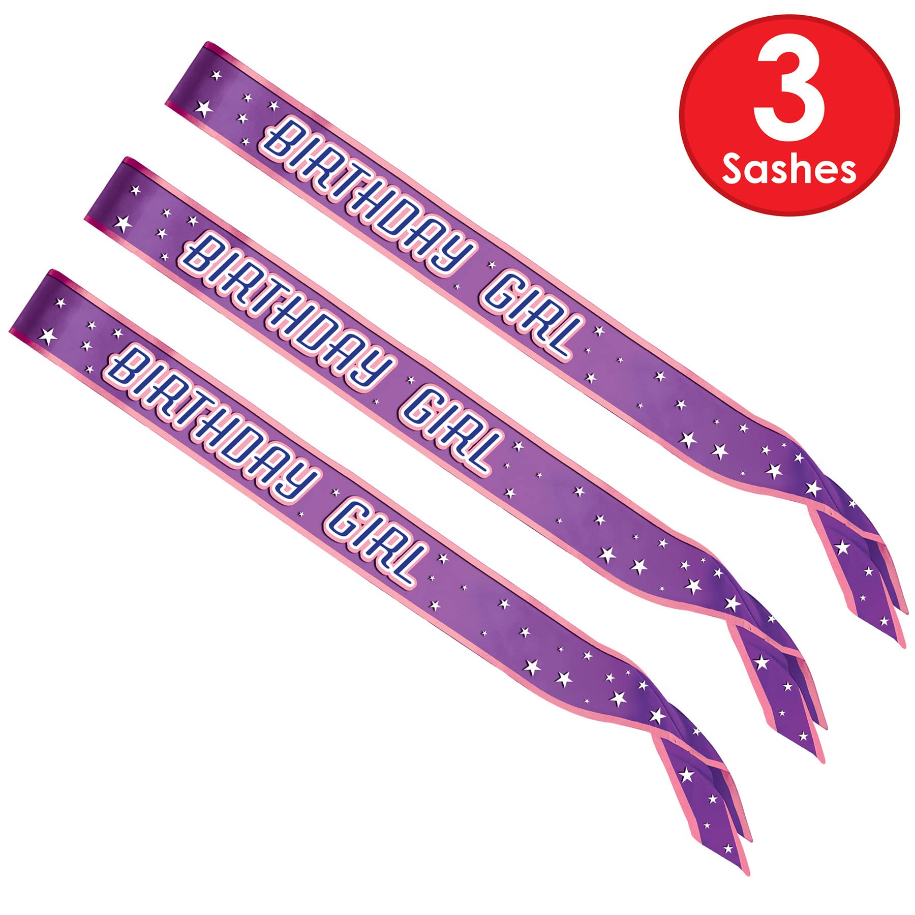 Beistle S60181AZ3 Schärpen für Mädchen, Satin, 3 Stück Partyzubehör, Stoff, Violett/Rosa/Weiß/Blau