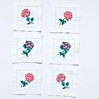 HCRAFT Embroidered White Cocktail Napkins Set of 6 - 6x6" Hydrangea Design, 100% Cotton Ladder Hemstitch for Parties & Gifts