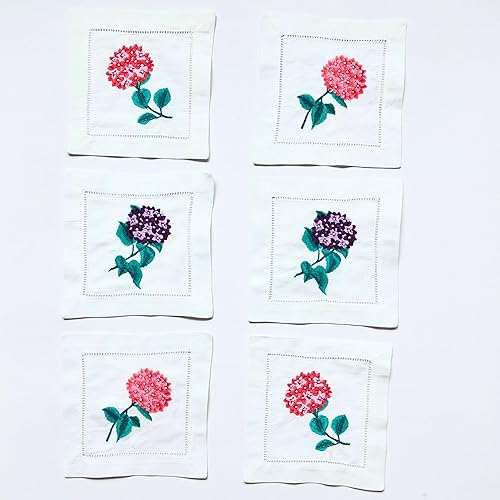 HCRAFT Servilletas de cóctel bordadas blancas de 6 x 6 pulgadas, juego de 6 posavasos de tela, servilletas de cóctel bordadas de mezcla de
