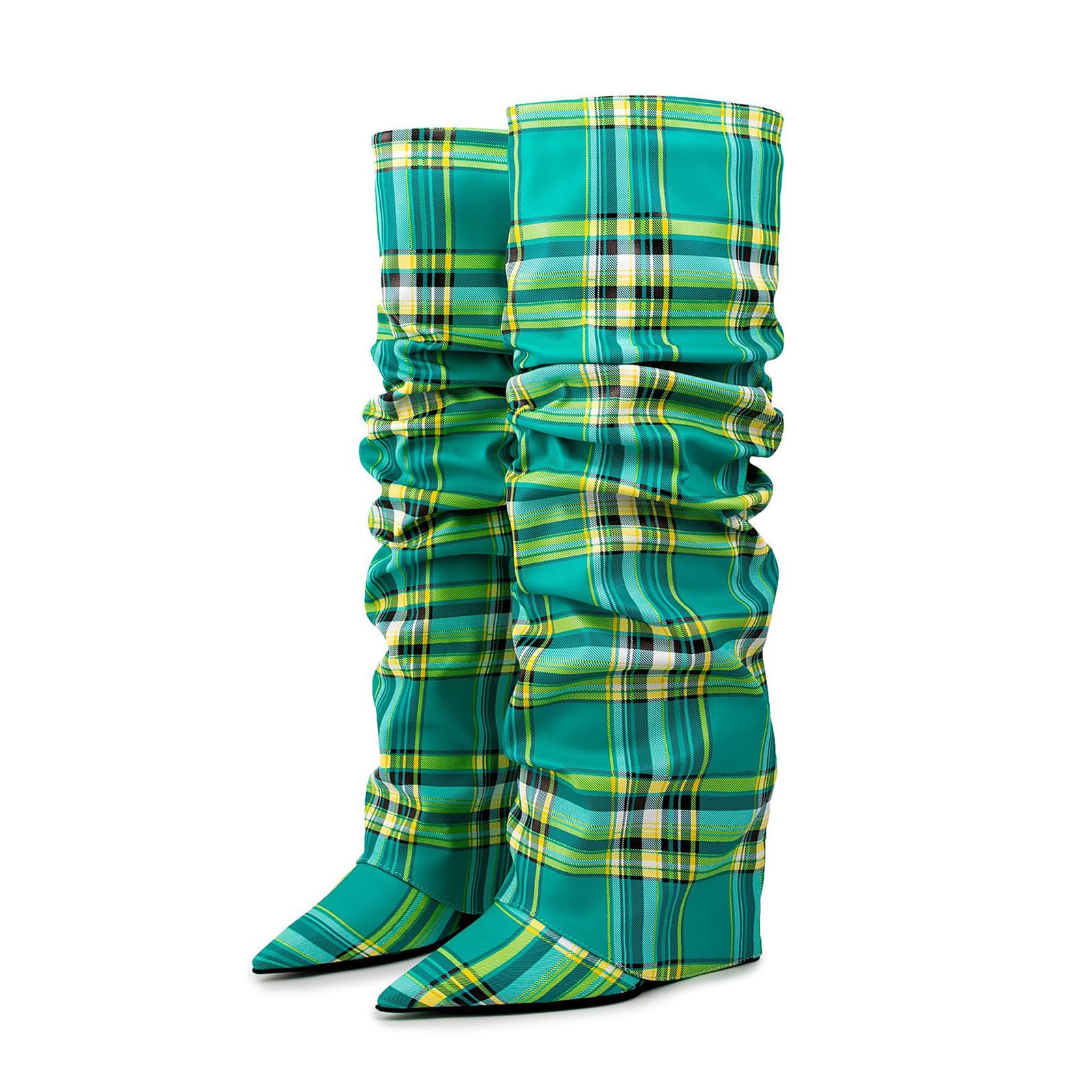 Vujkliy 10CM Womens Wedge Pointed Toe Fold Knee High Boots