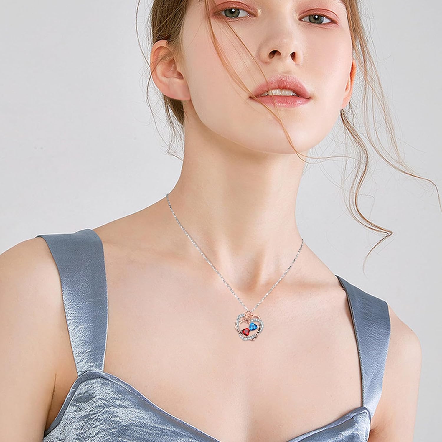 Rose Heart Necklaces for Women, 14K Rose Gold/White Gold Filled Overlapping Double Hearts Birthstone Pendant, Mother's Day Valentine's Day Anniversary Birthday Christmas Jewelry Gifts for Wife Mom Daughter Her - Image 2