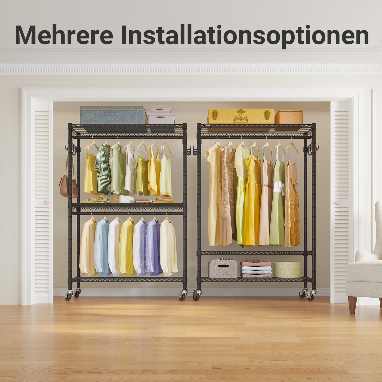 VIPEK R2 Plus Metall-Kleiderständer auf Rollen, Doppelstange & verstellbare Böden, 114 x 45 x 204 cm, freistehend, max. Belastung 295 kg, Schwarz