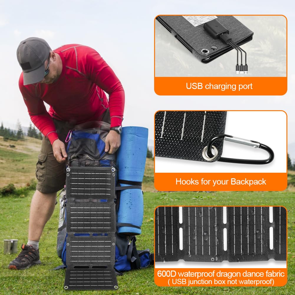 HOTUT Panneau Solaire Pliable, 10W Chargeur Solaire Portable, Port USB (6,6 V/2 A), Format de Poche et étanche Chargeur pour l'extérieur, Compatible avec Les Téléphones, Tablettes, Batterie Externe